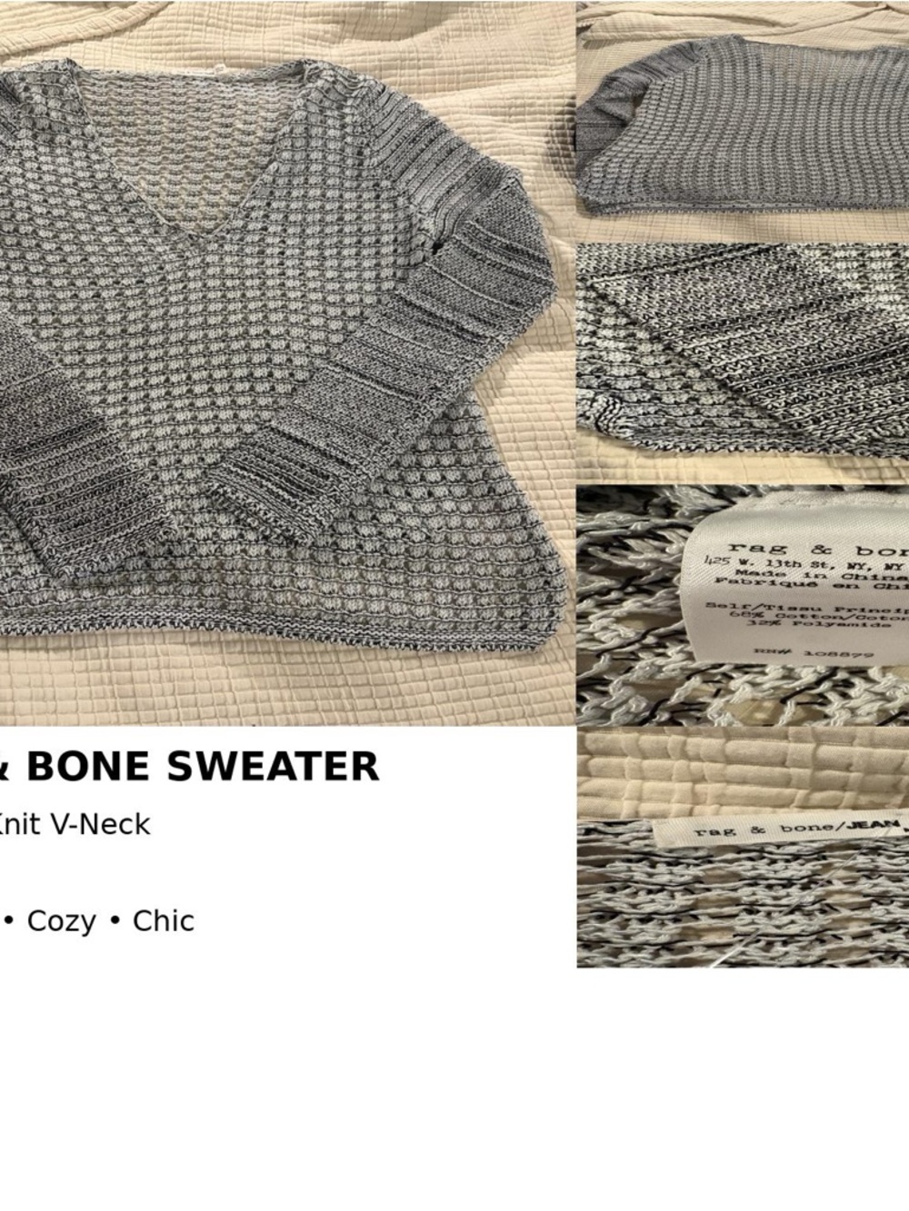 Rag & Bone Chunky Knit Sweater V Neck Gray Size M Textured Pullover